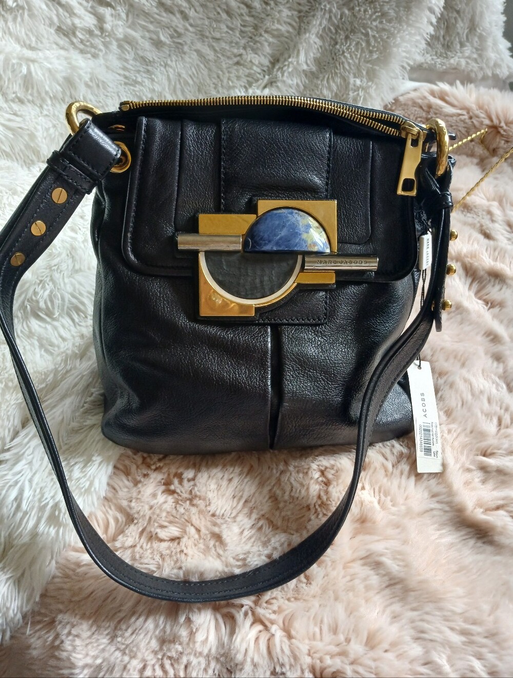 Marc Jacobs Black Leather Shoulder Bag with Mixed-Metal and Blue Accent Hardware